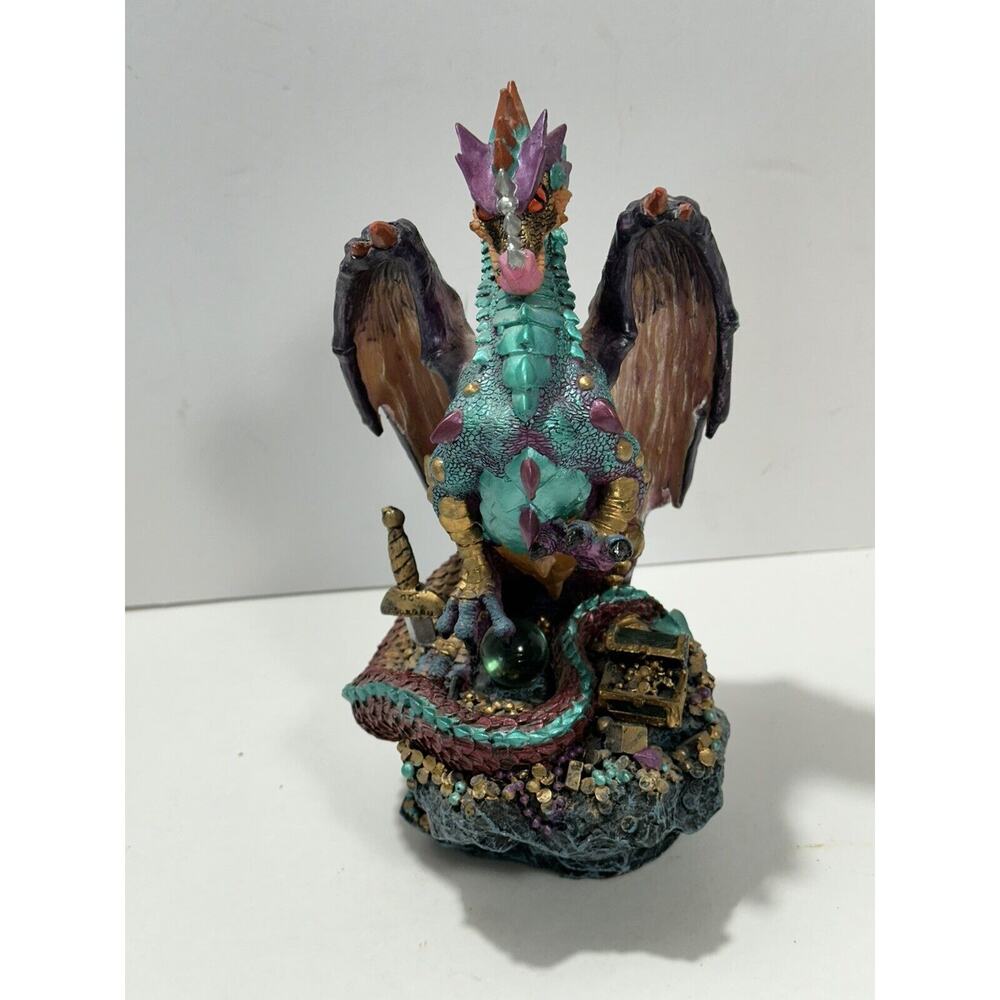 Dragon Guarding Treasure Figurine Statue 9.5”‎ Vivid Colors Crystal Ball Fantasy